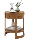 Round end table with oak finish, featuring a drawer and lower shelf, perfect for displaying decorative items.