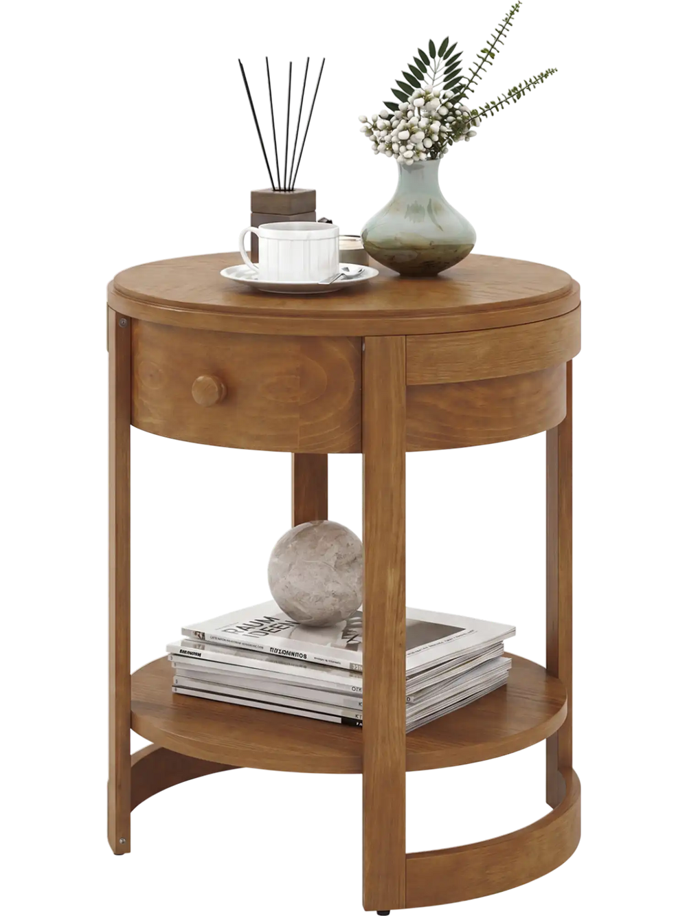 Round end table with oak finish, featuring a drawer and lower shelf, perfect for displaying decorative items.