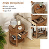 Round end table with oak finish, featuring a drawer and lower shelf for storage, ideal for modern living spaces.