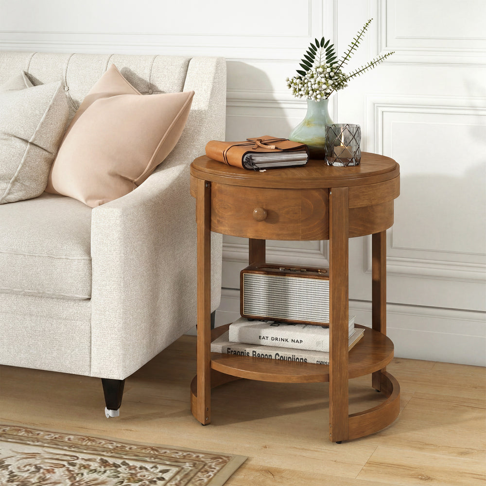 Round oak end table with drawer and lower shelf, featuring a sleek wood grain finish for rustic appeal.