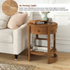 Round 2-tier end table in oak with a sleek wood grain finish, featuring a drawer and lower shelf for decor display.