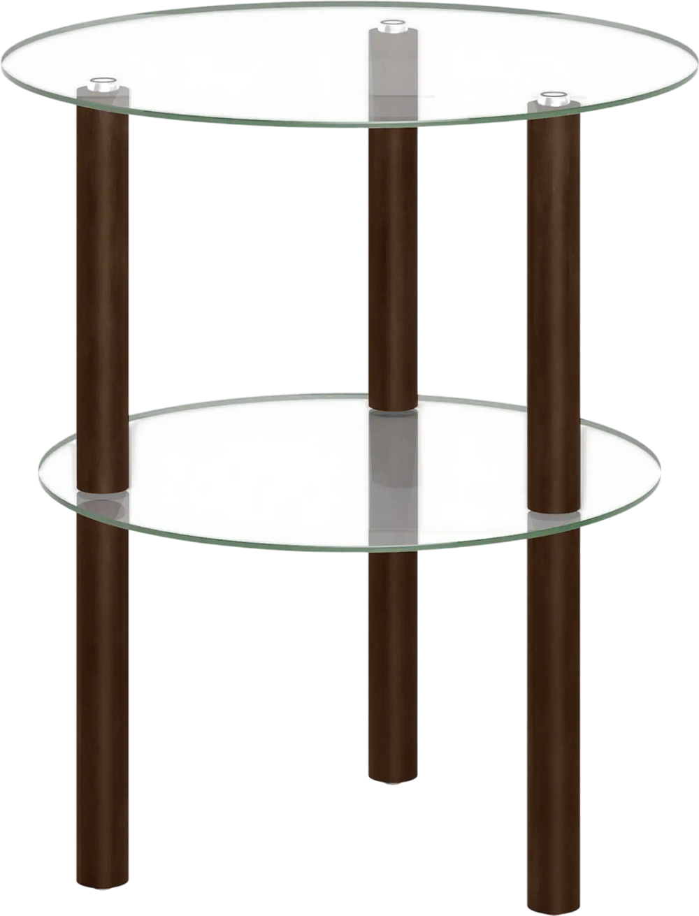 Round end table featuring a clear tempered glass top and shelf with solid rubber wood legs for stable placement.
