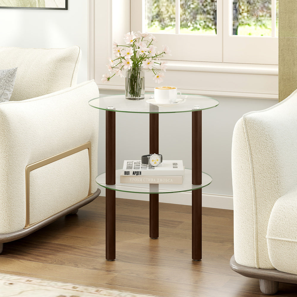 2-Tier Round End Table with Clear Tempered Glass Top and Shelf-Brown - Gallery View 1 of 9
