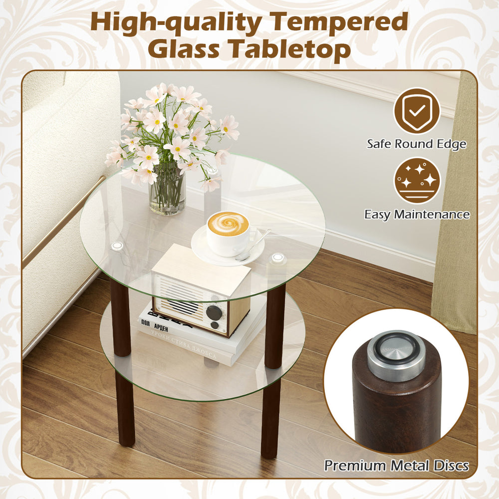 2-tier round end table featuring a clear tempered glass top and solid rubber wood legs for stylish and stable storage.
