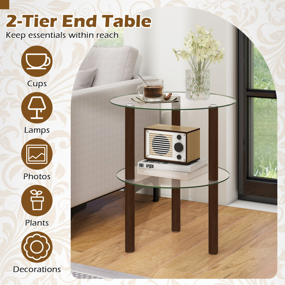 2-tier round end table with clear tempered glass top and brown rubber wood legs, perfect for storing cups and decorations.