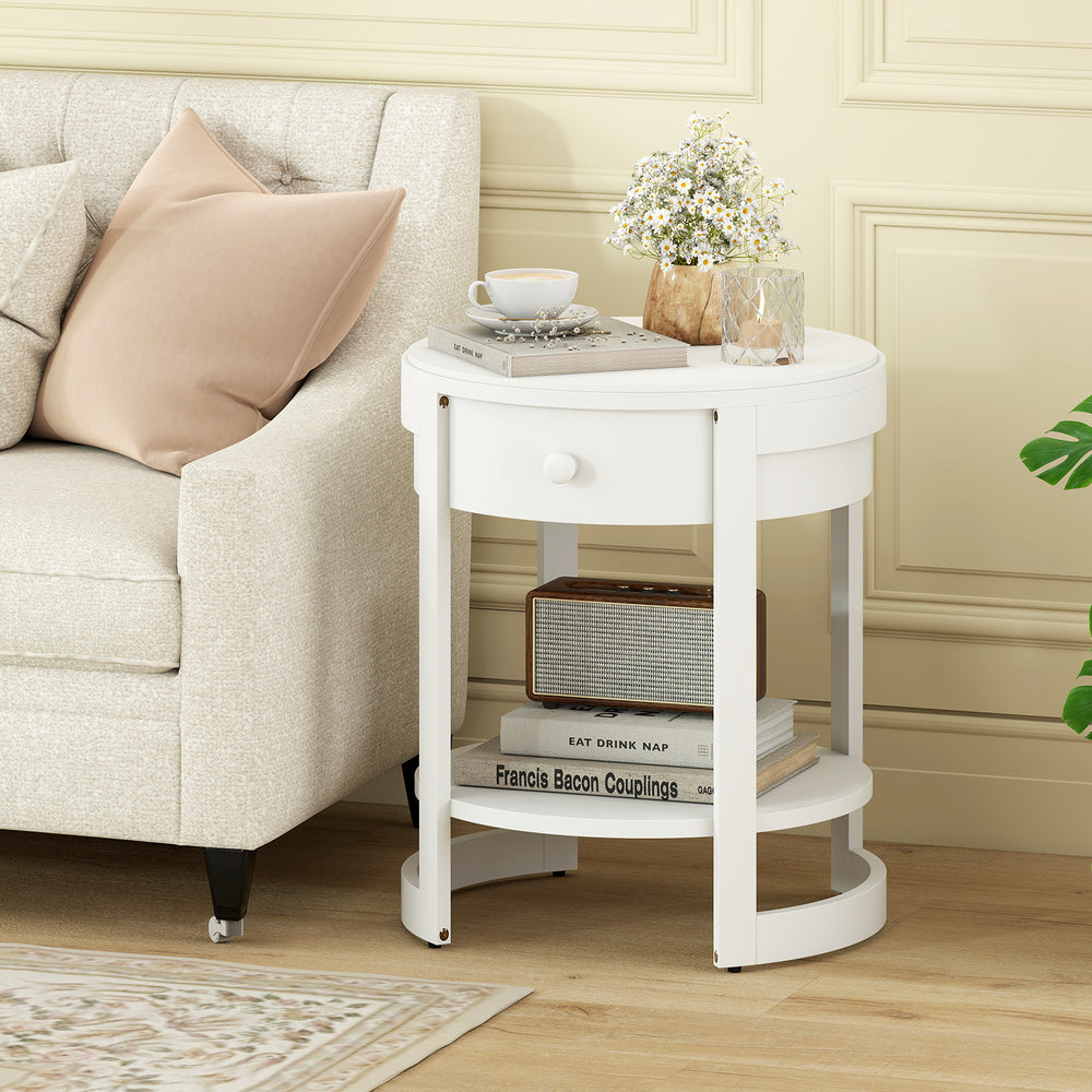 2-Tier Round End Table Mid Century Modern Nightstand-White - Gallery View 1 of 7