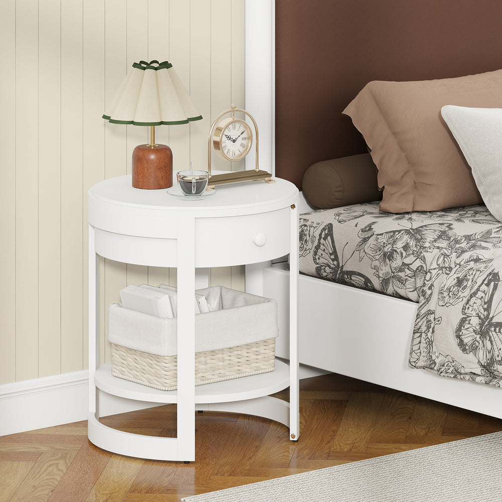 Round white end table with a drawer and lower shelf, featuring a sleek wood grain finish for rustic appeal.