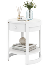 Round white end table with a drawer and lower shelf, featuring a sleek wood grain finish for stylish decor.