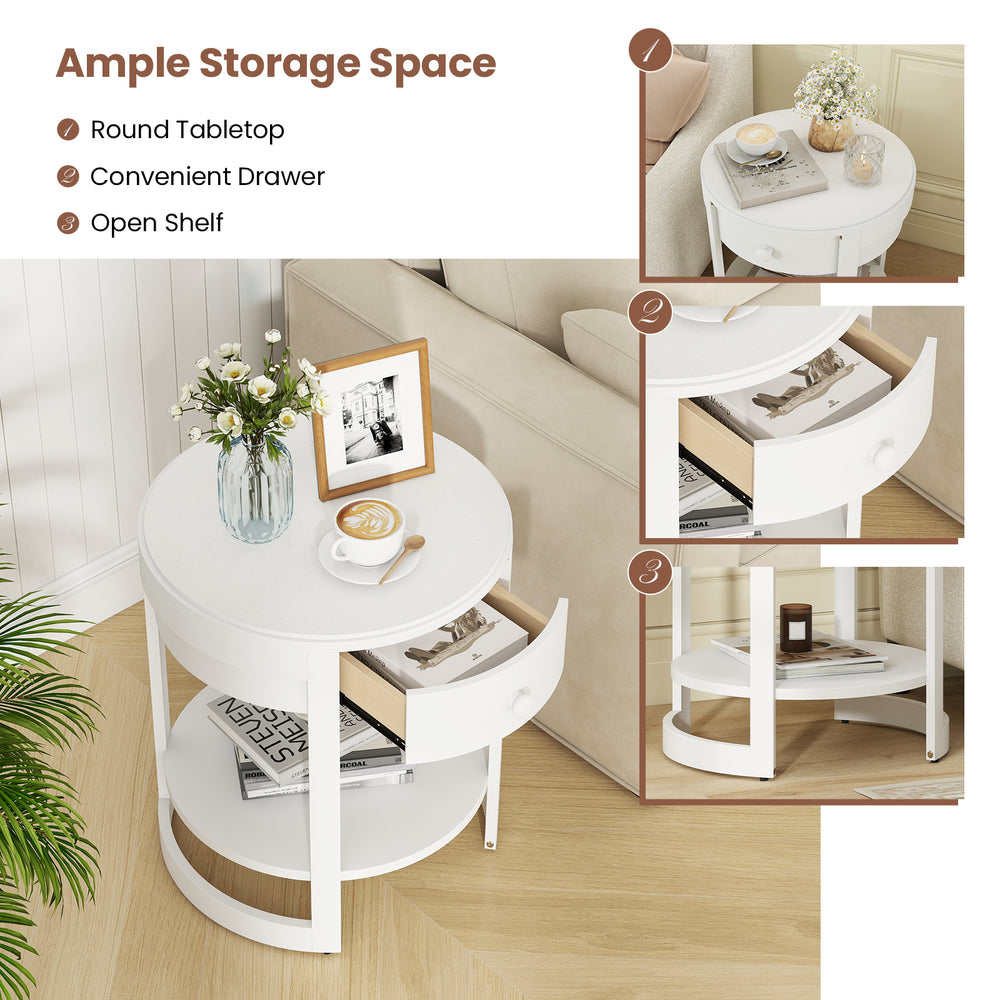 Round end table with a white finish, featuring a drawer and lower shelf for storage, ideal for modern living spaces.