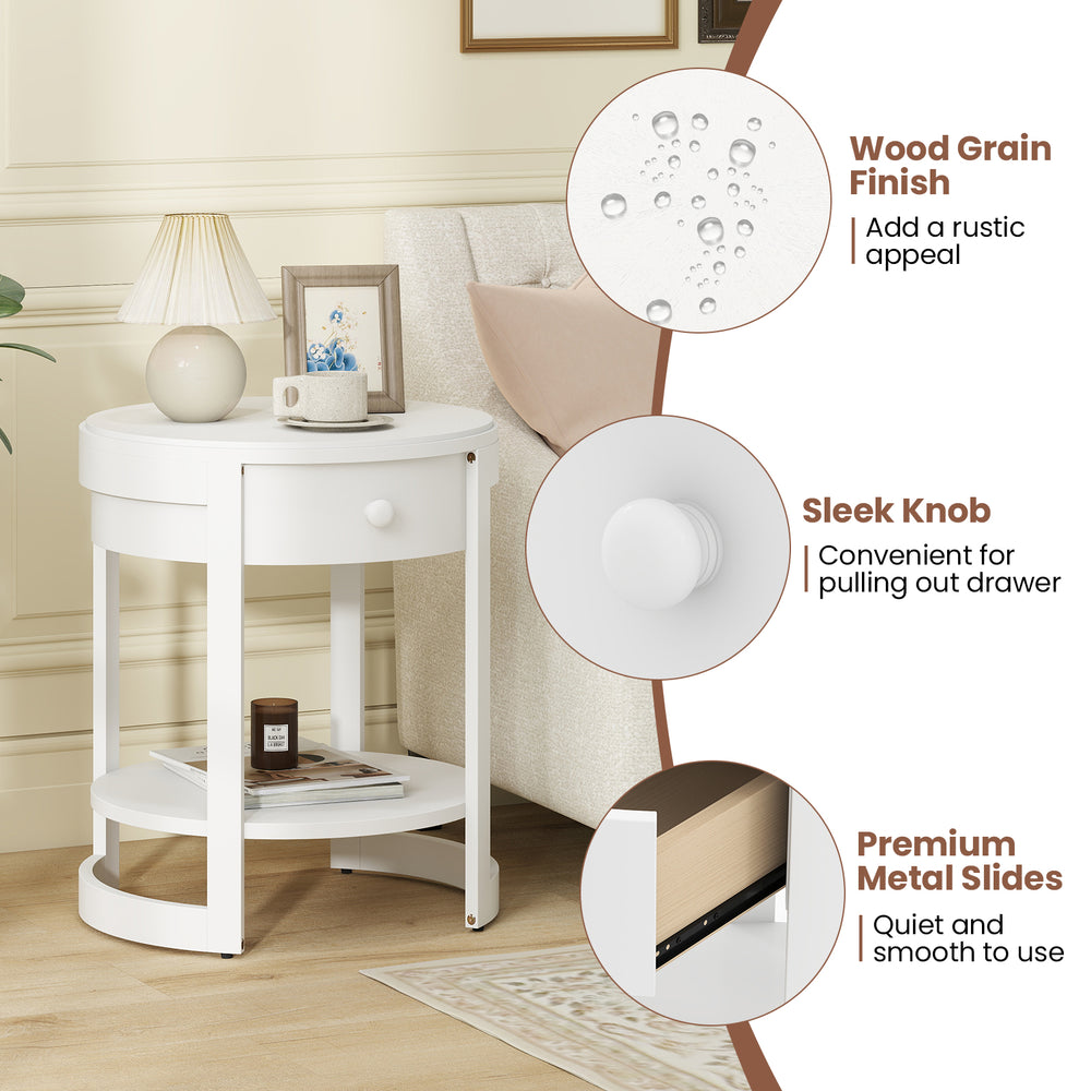 Round 2-tier end table in white with wood grain finish, featuring a drawer and lower shelf for decorative items.