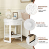 Round 2-tier end table in white with wood grain finish, featuring a drawer and lower shelf for decorative items.