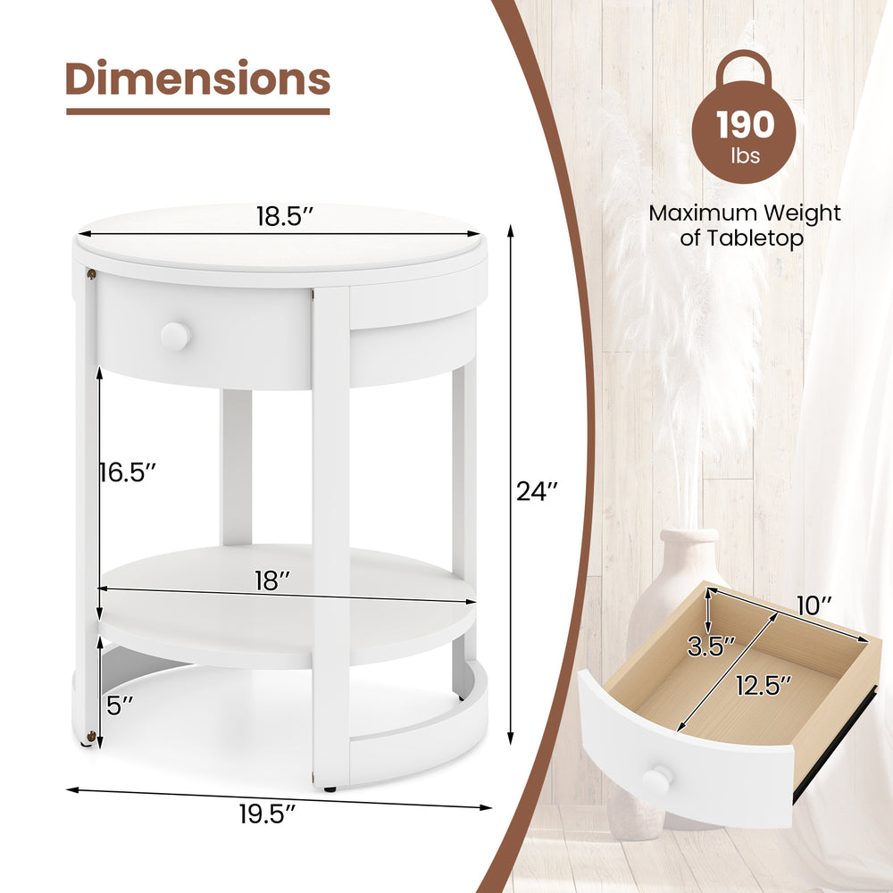 Round white 2-tier end table with dimensions, drawer, and sturdy rubber wood legs for stylish nightstand use.