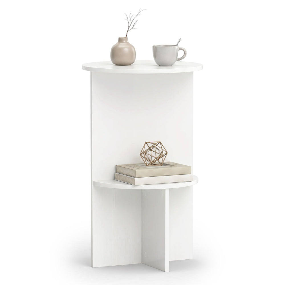 Round white side table featuring dual-layer storage and a sleek design, perfect for small spaces in any room.