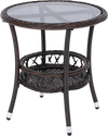 Small bistro table with tempered glass top and storage shelf, made of durable PE rattan for patio or balcony use.
