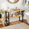 2-tier solid teak wood bathroom shelf with towel rack, displaying a sleek design and natural wood grain for stylish.