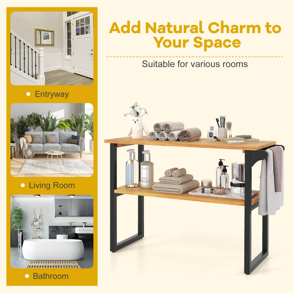 2-tier solid teak wood bathroom shelf with towel rack, featuring natural wood grain for stylish storage in various.