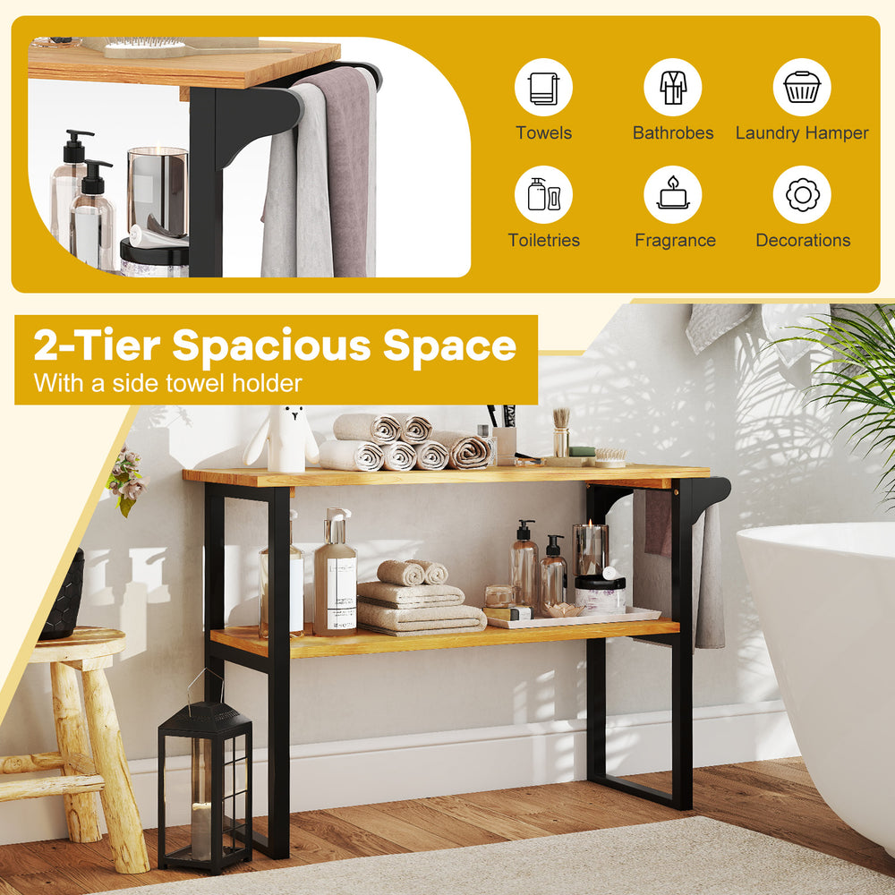 2-tier solid teak wood bathroom shelf with side towel holder, featuring natural wood grain for stylish storage.