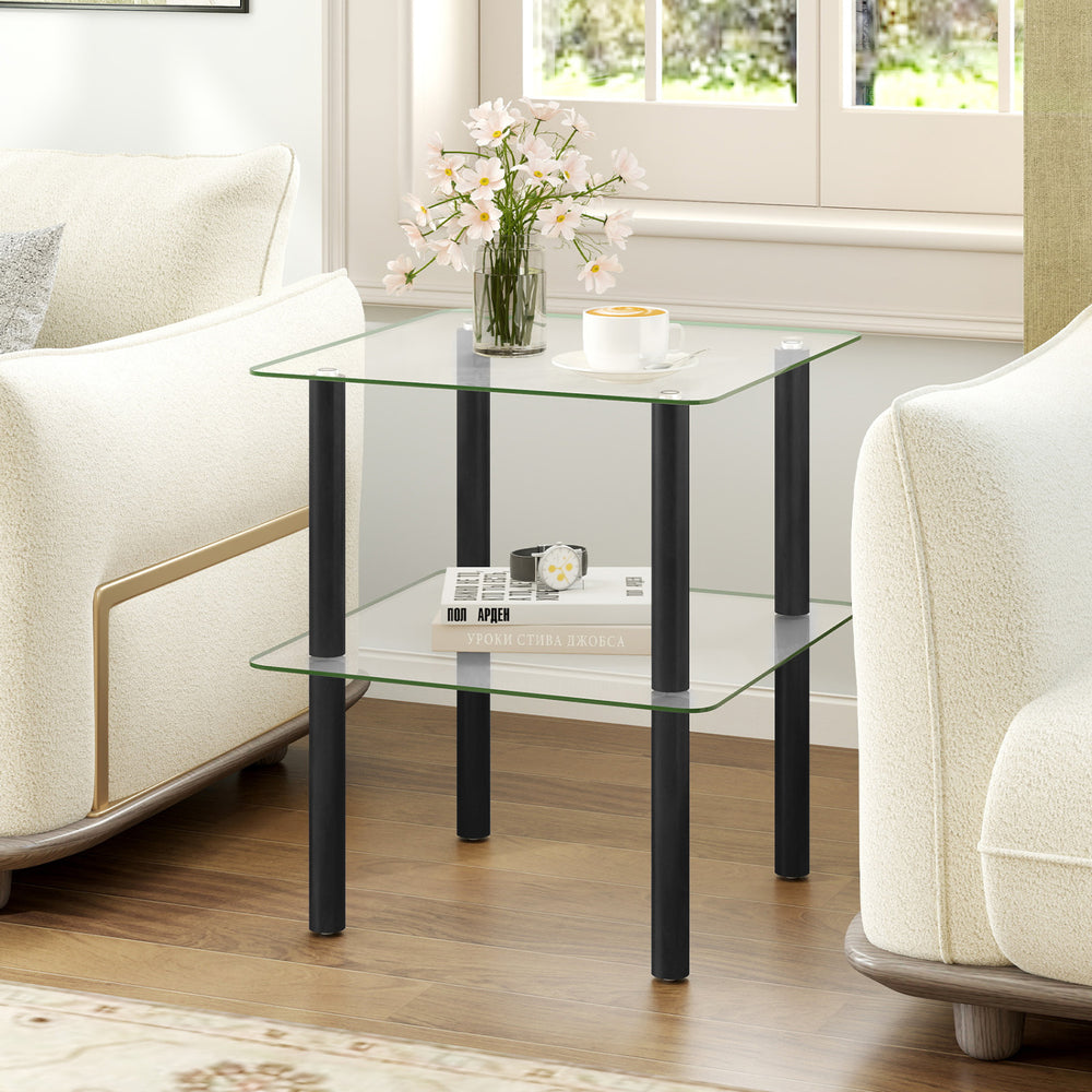 2-Tier Square End Table with Shelf and Clear Tempered Glass Top-Black - Gallery View 1 of 9