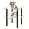 2-tier square end table with a clear tempered glass top and brown rubber wood legs, perfect for lamps and decorations.