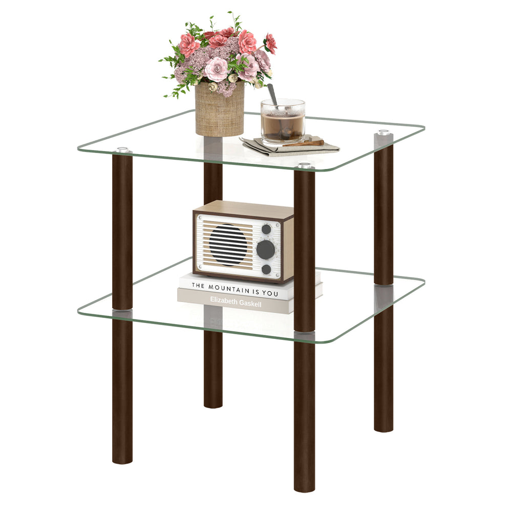 2-tier square end table with a clear tempered glass top and brown rubber wood legs, perfect for lamps and decorations.