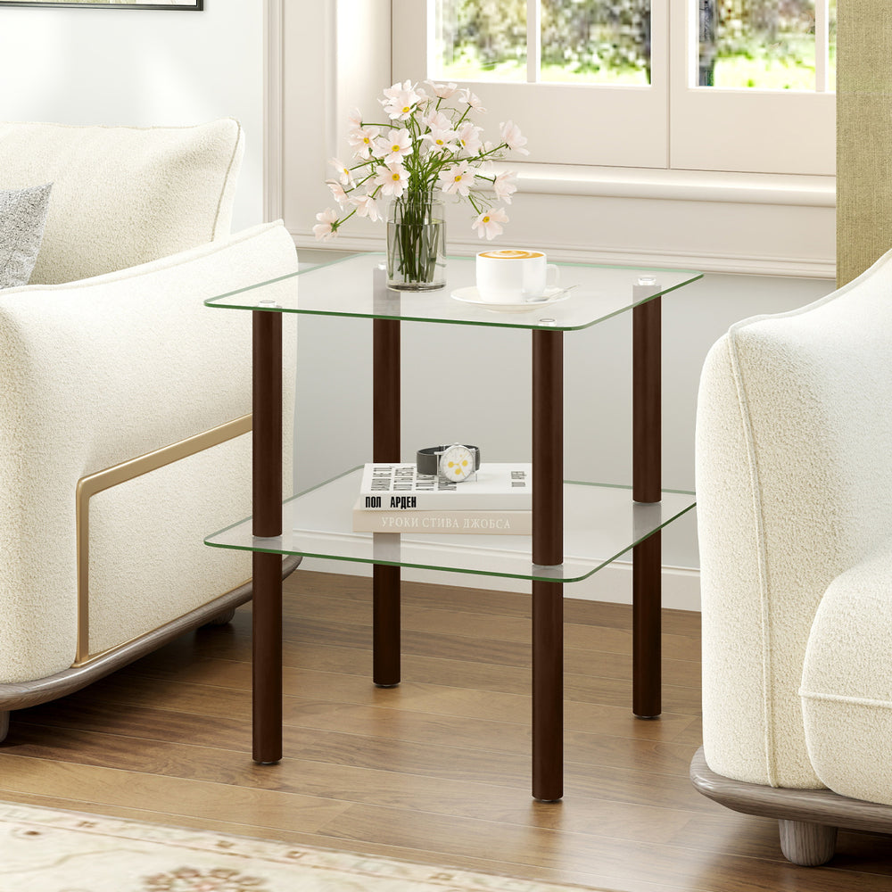 2-Tier Square End Table with Shelf and Clear Tempered Glass Top-Brown - Gallery View 1 of 9