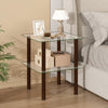 2-tier square end table with a clear tempered glass top and brown rubber wood legs, perfect for bedside storage.
