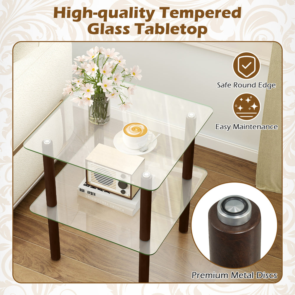 2-tier square end table with a clear tempered glass top, featuring rubber wood legs and safe round edges for easy maintenance.