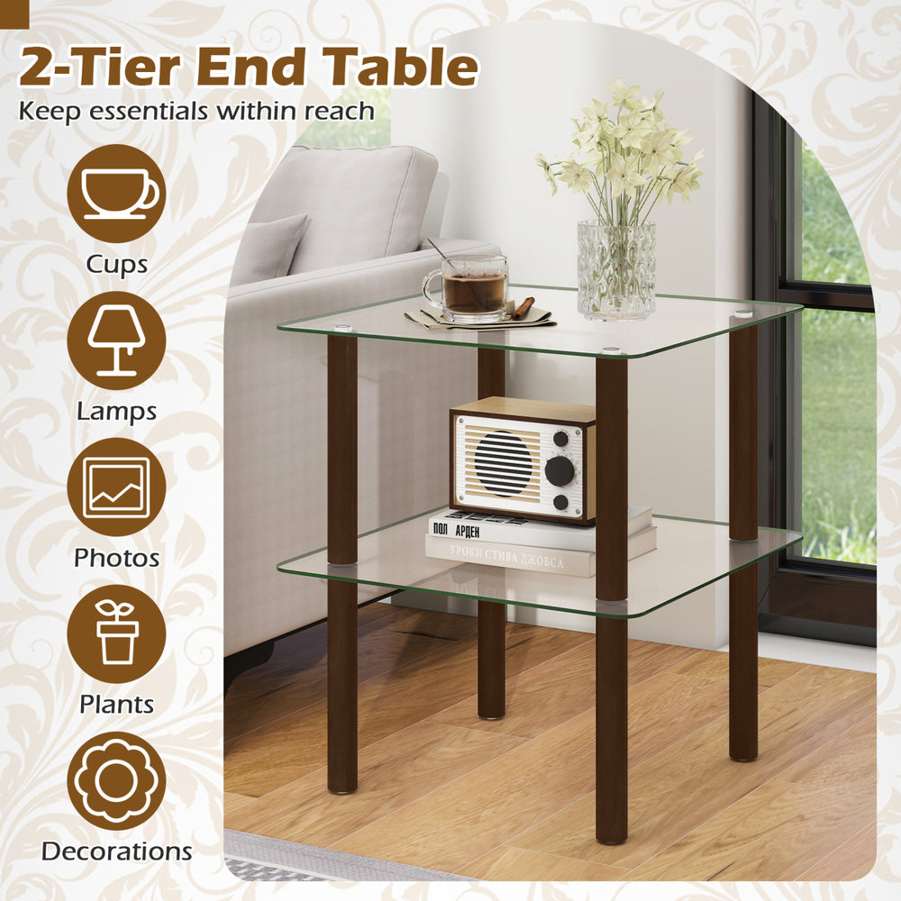 2-tier square end table showcasing a sleek clear tempered glass top, ideal for photos and plants with its stylish brown legs.