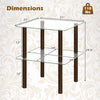 2-tier square end table with a clear tempered glass top and brown rubber wood legs, perfect for storing essentials.