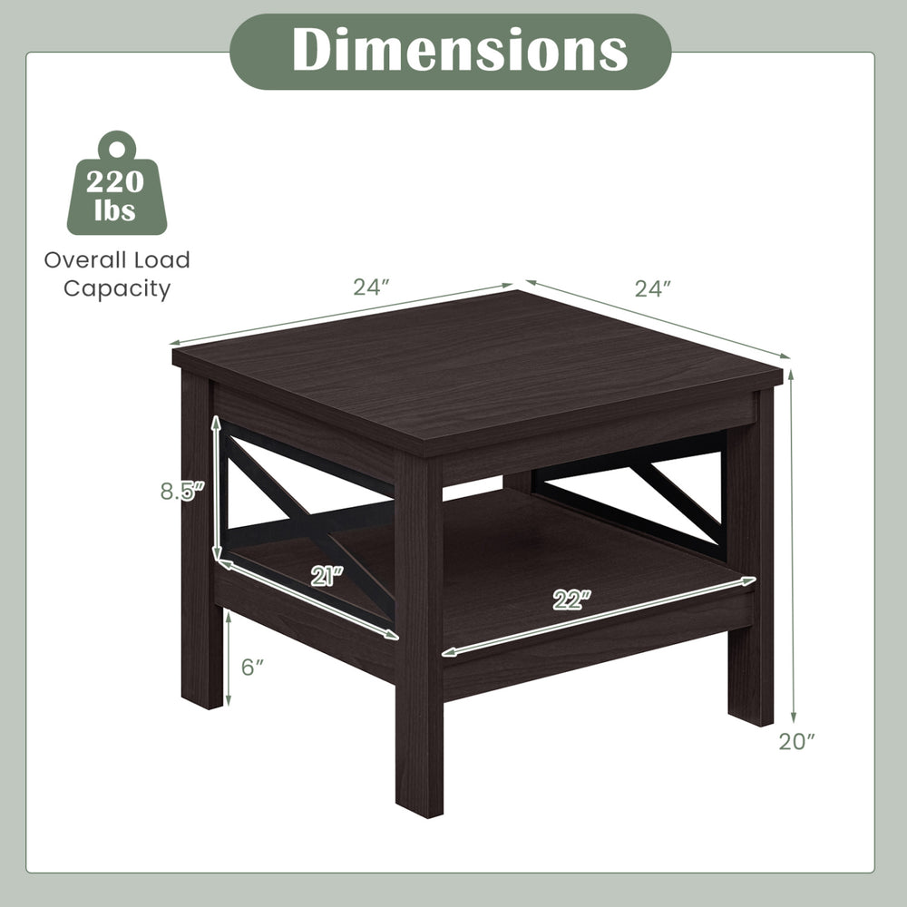 Square side table with storage shelf, X-frame design, brown finish, dimensions 24"x24"x20", ideal for living rooms and.