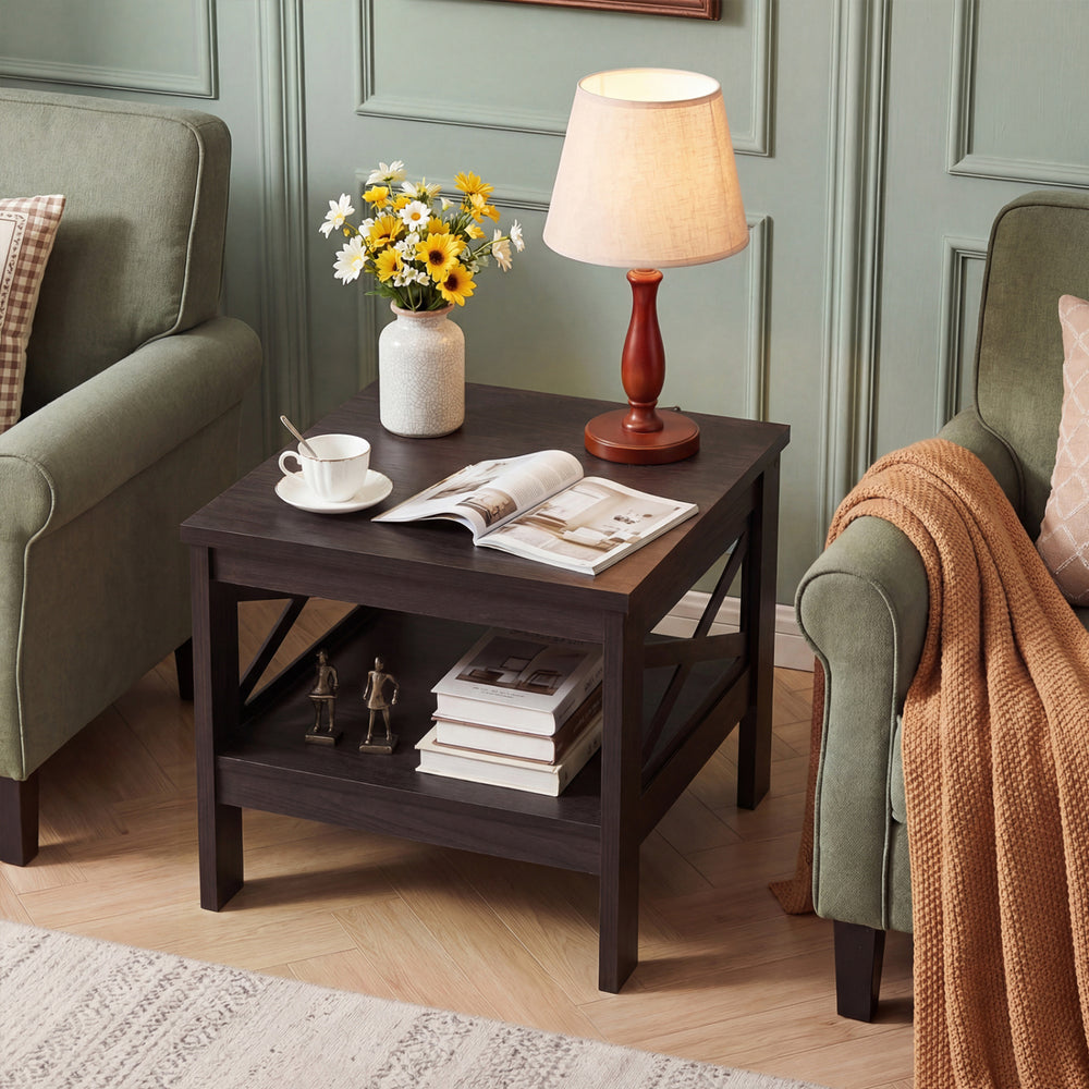 Square brown side table with a top surface for coffee, featuring a bottom shelf and X-frame design for farmhouse style.