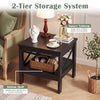 2-Tier square side table in brown with X-frame design, featuring a tabletop and bottom shelf for additional storage.