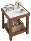 Walnut 2-tier square side table with faux marble top, shown angled with decor and a woven basket below.