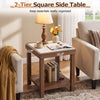 Walnut square side table with faux marble texture, two-tier design and 16.5-inch dimensions beside a living room sofa.