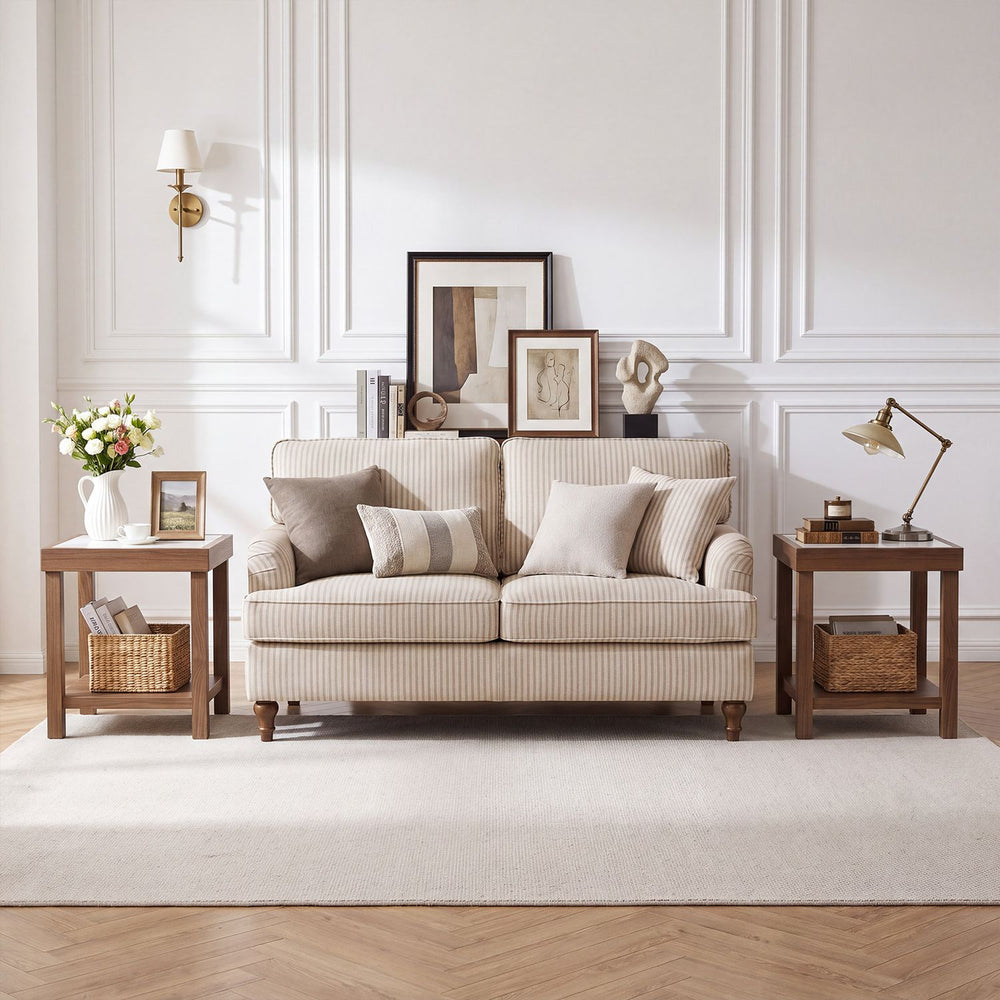 Brown 2-Tier Square Side Table with Faux Marble Top shown beside a sofa in a styled living room.