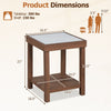 Brown 2-tier square side table with faux marble top and rubberwood legs, shown with overall dimensions.