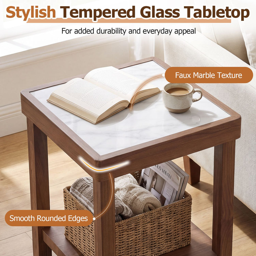 2-Tier Square Side Table with faux marble top, brown rubberwood legs, and a woven basket on the lower shelf.