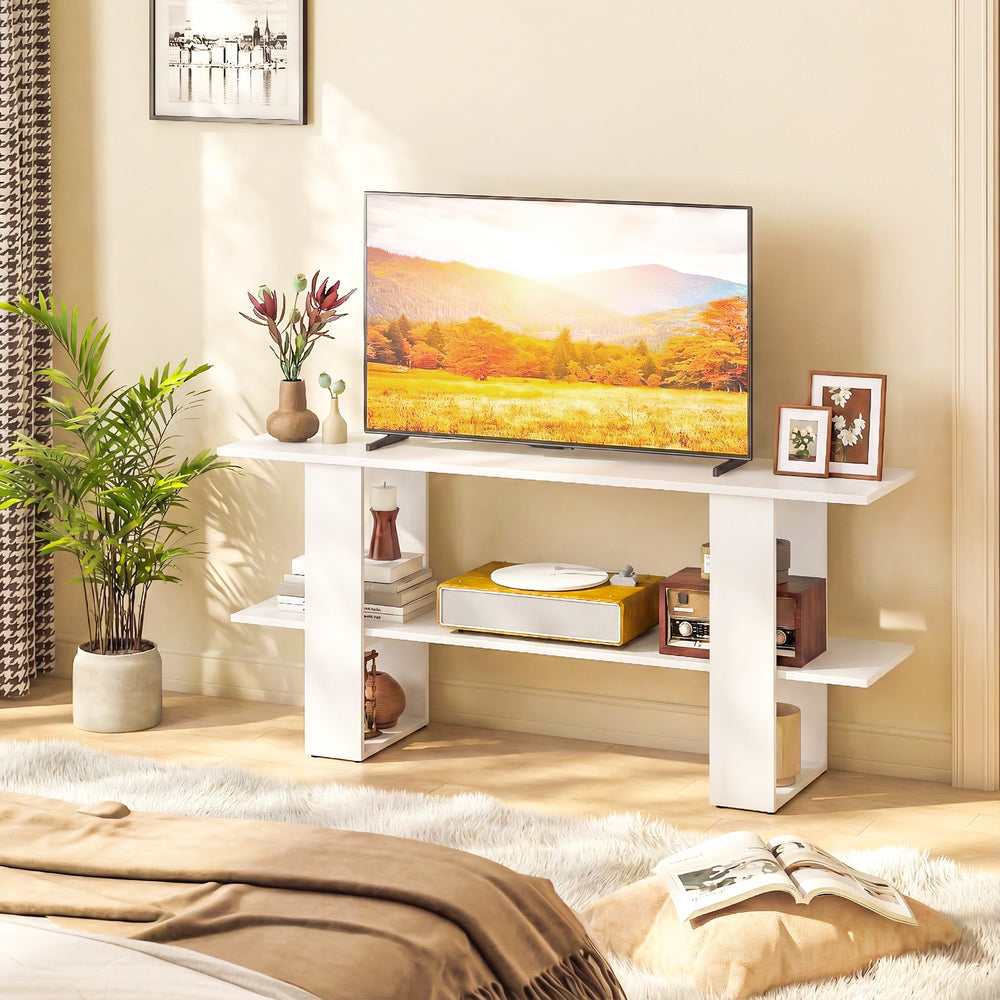 2-tier white TV stand with open shelf, designed for TVs up to 55 inches, perfect for stylish storage in any room.