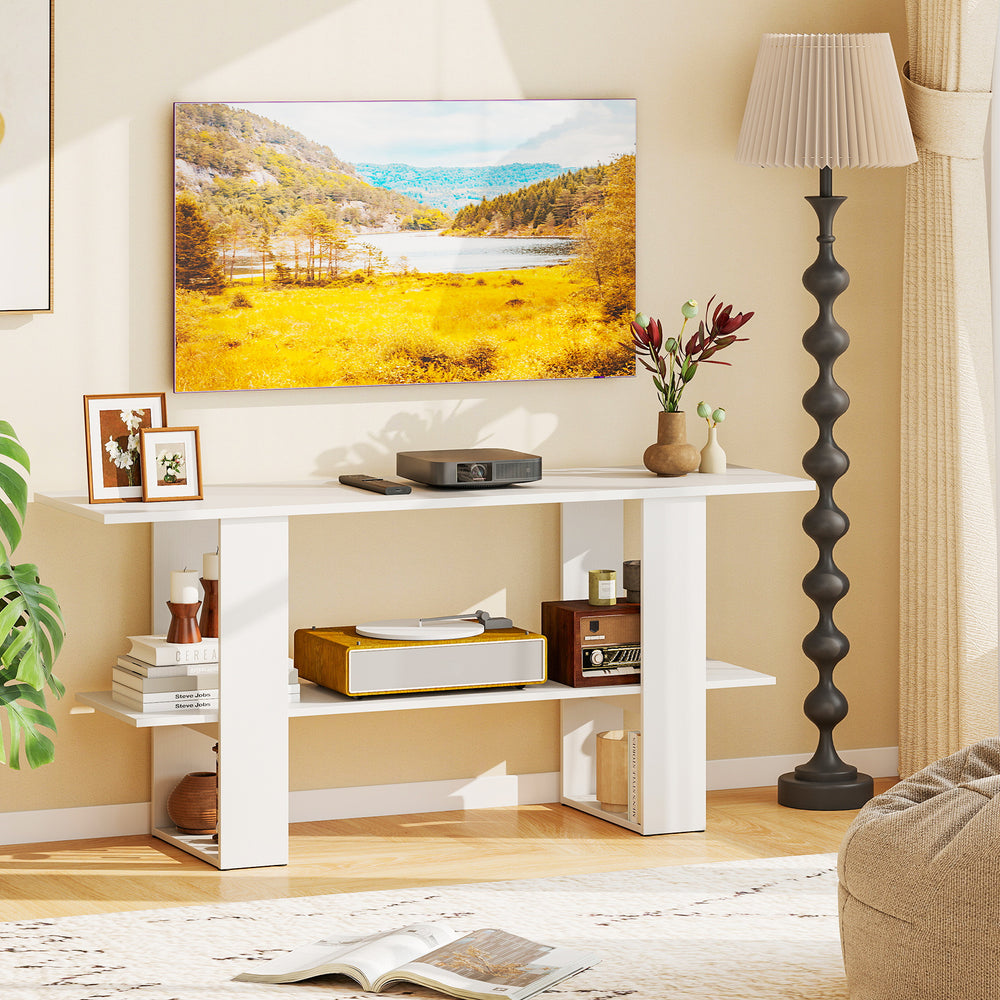 2-tier white TV stand with open shelf, designed for TVs up to 55 inches, ideal for stylish living room storage.