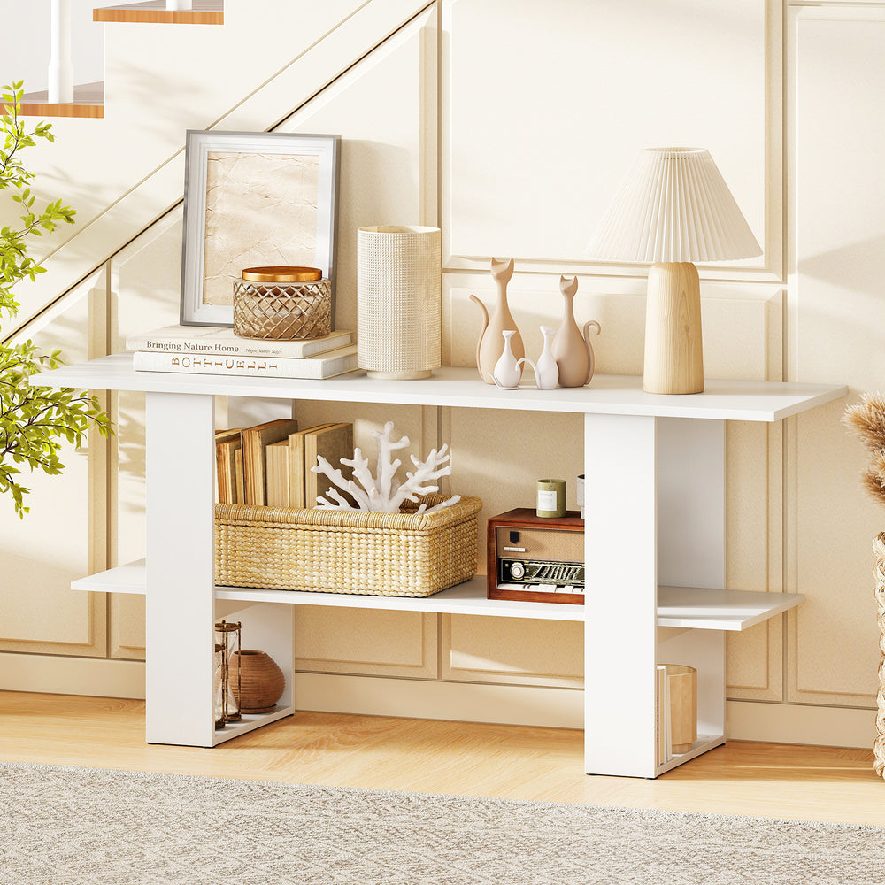 2-tier white TV stand with open shelf, designed for TVs up to 55 inches, ideal for stylish storage and organization.