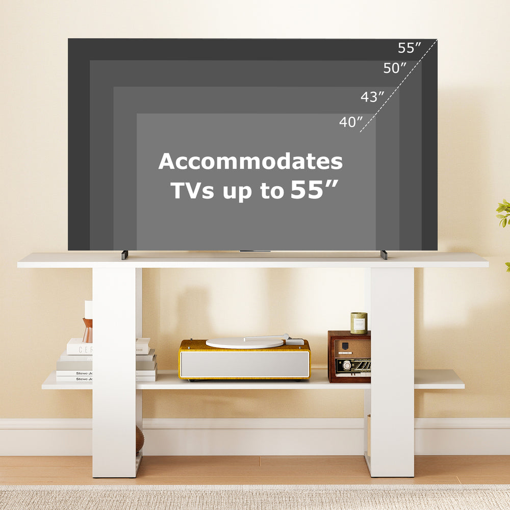 2-tier white TV stand with open shelf, accommodates TVs up to 55 inches, ideal for stylish storage and organization.