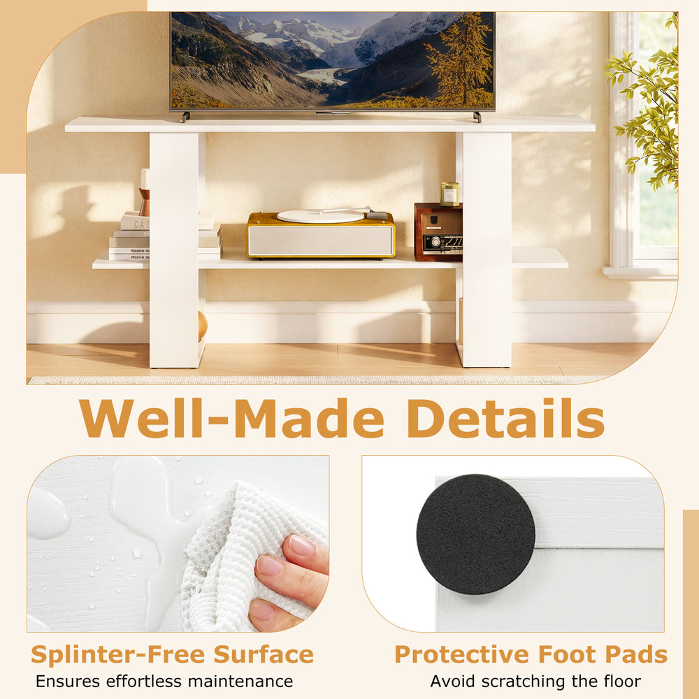 2-tier white TV stand with open shelf, designed for TVs up to 55 inches, featuring protective foot pads for floor.