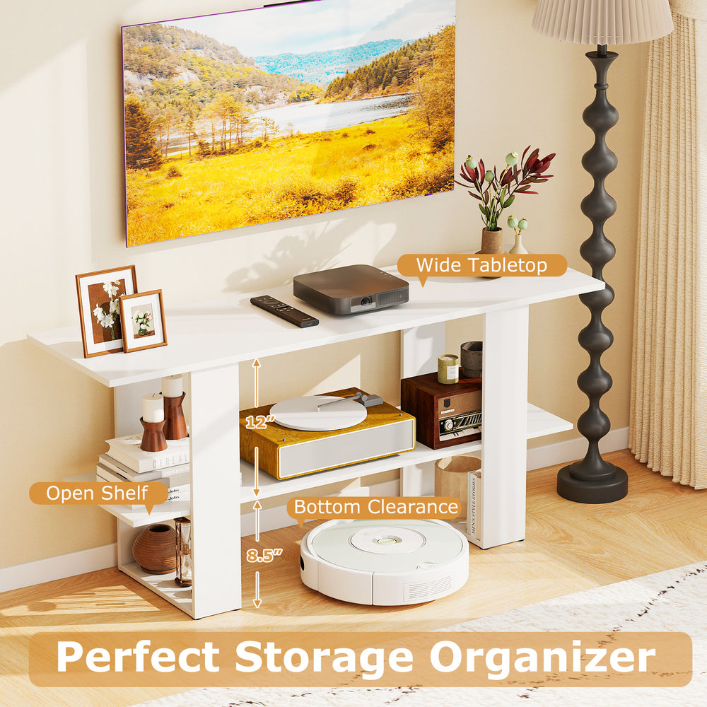 2-tier white TV stand with open shelf, designed for TVs up to 55 inches, offering stylish storage and stability.