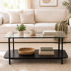 Stylish 2-tier black coffee table with tempered glass top and open shelf for storage, perfect for modern living spaces.