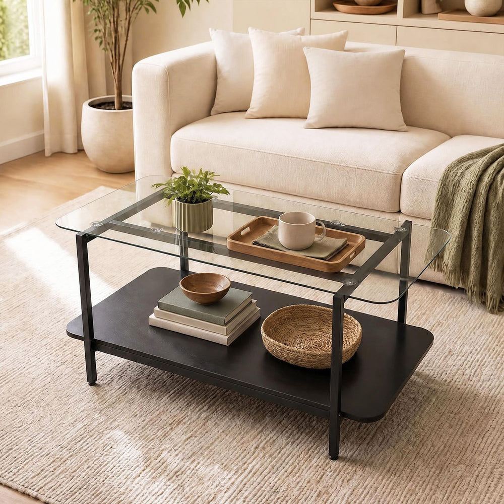 2-tier tempered glass coffee table with a black storage shelf, perfect for organizing essentials in modern living spaces.