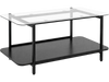 2-tier tempered glass coffee table with a black metal frame and open storage shelf for modern living room organization.