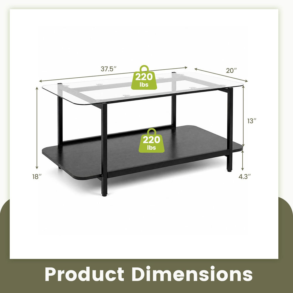 2-tier black coffee table with tempered glass top and storage shelf, featuring a 440 lbs weight capacity for versatile use.