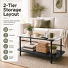 2-tier black coffee table with tempered glass surface, ideal for organizing beverages and snacks in modern living spaces.