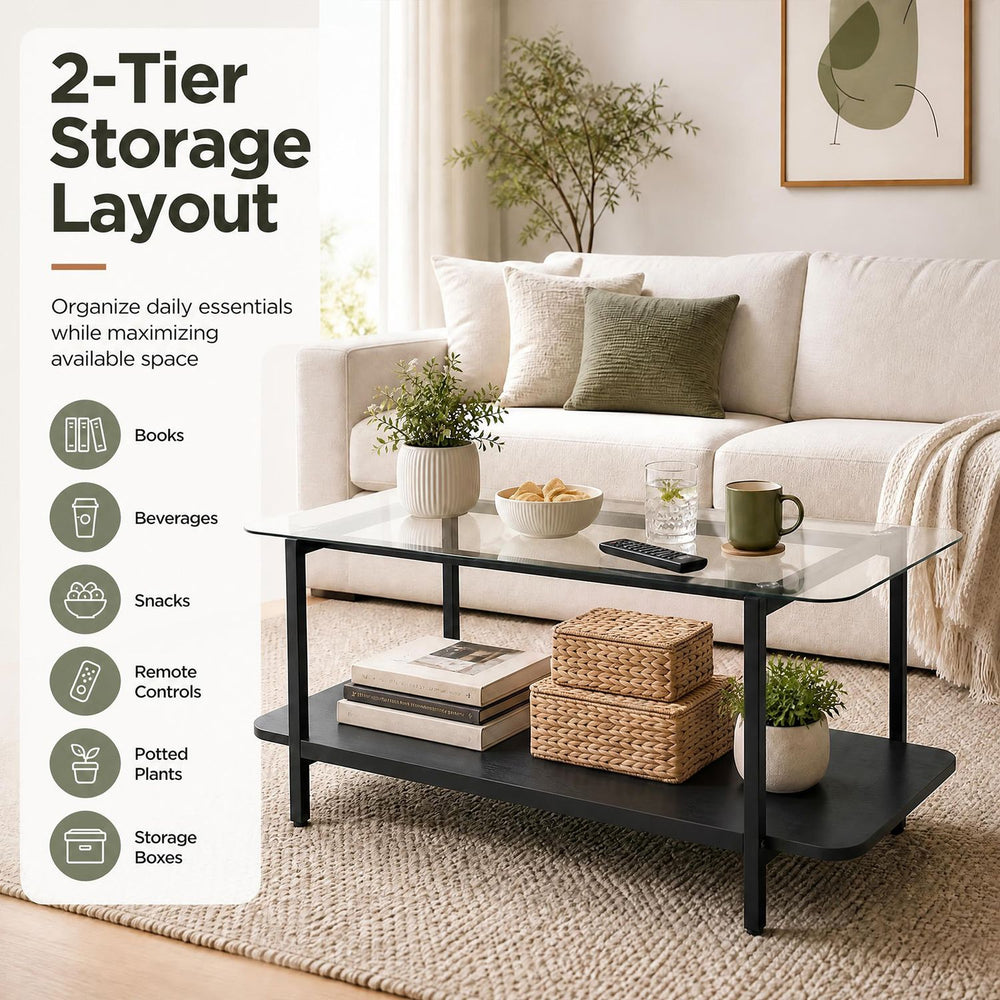 2-tier black coffee table with tempered glass surface, ideal for organizing beverages and snacks in modern living spaces.