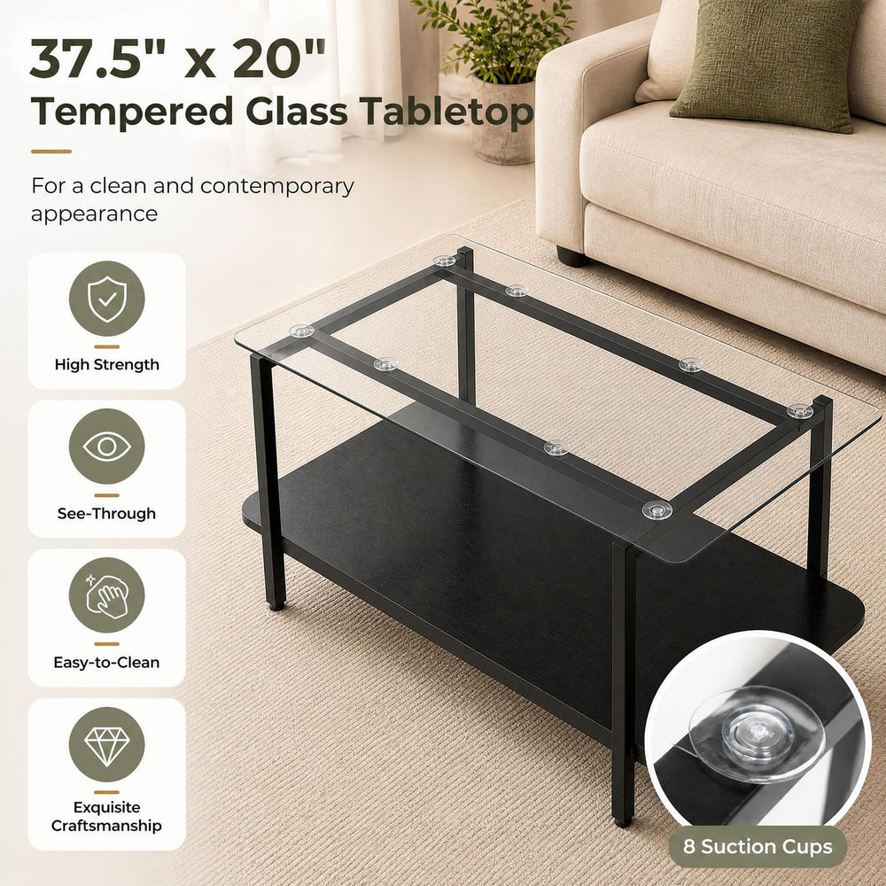 2-tier tempered glass coffee table with black metal frame, featuring a spacious top and open shelf for stylish storage.